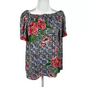 Talbots Black Pink Floral Short Sleeve Blouse Top Petite Large Business Casual